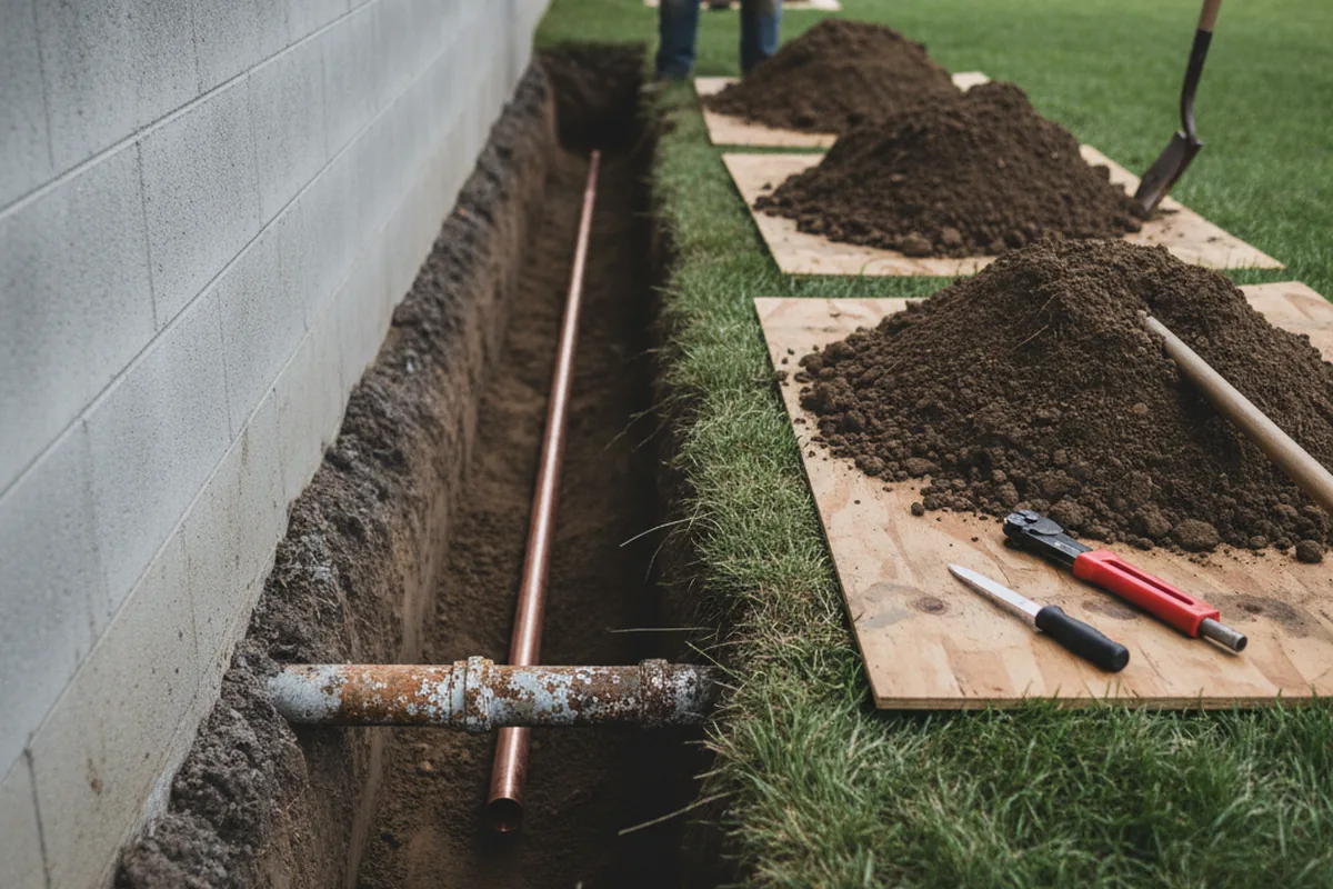 Excavated water line trench during Sewer Line Repair in Buckingham